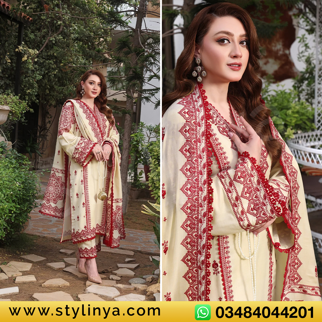 Embroidered 3pc Marina Dress With Embroidered