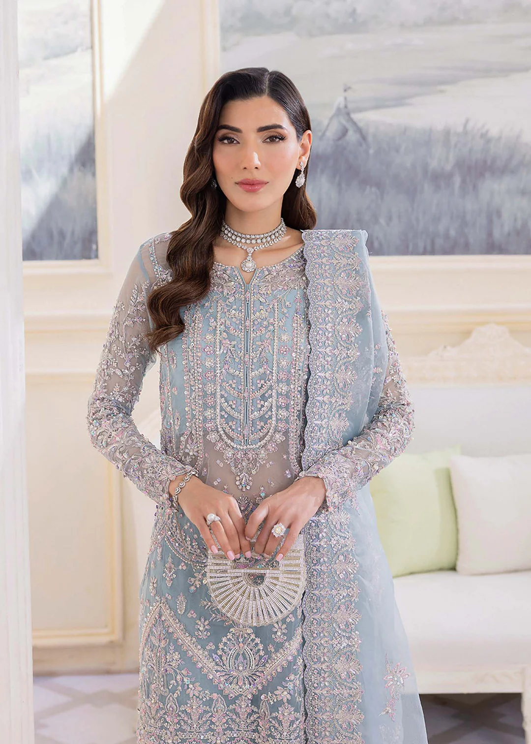 Ice blue embroidery suit