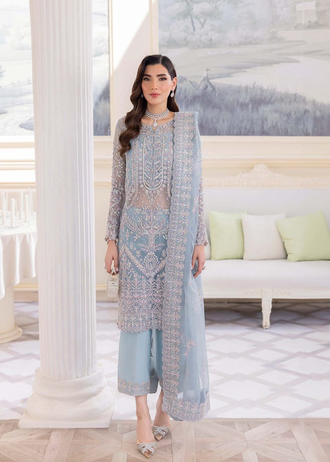 Ice blue embroidery suit